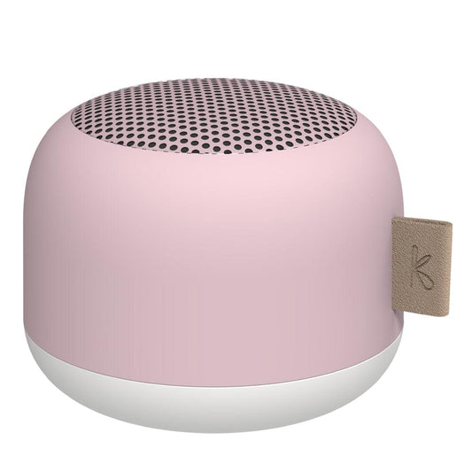 Dusty rose Bluetooth speaker with perforated top grille and side strap loop