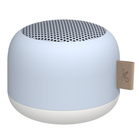 Cloudy blue Bluetooth speaker with perforated top grille and side carry loop