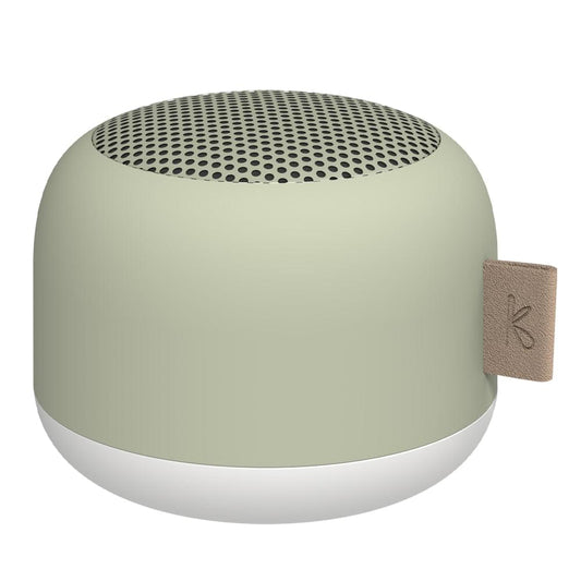 Dusty olive round Bluetooth speaker with top mesh grille and fabric carry loop