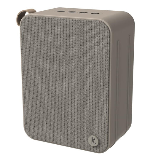 Kreafunk Aboom+ Bluetooth speaker with grey fabric front and ivory sand sides