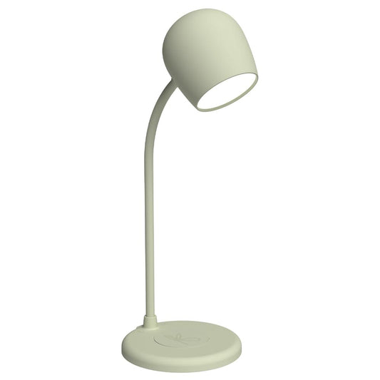 Dusty olive desk lamp with rounded shade and curved gooseneck base