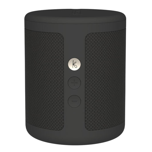 Black portable radio speaker with front control buttons and textured side grilles