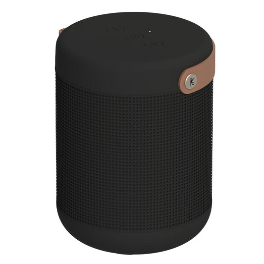 Black Bluetooth speaker with fabric grille and leather carry handle on top