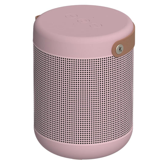 Dusty rose Bluetooth speaker, cylindrical design with perforated fabric grille and top button