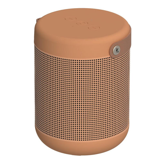 Orange cylindrical Bluetooth speaker with perforated grille and top control buttons
