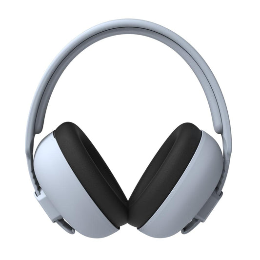 Cloudy blue kids ear muffs with black cushioned ear pads and padded headband