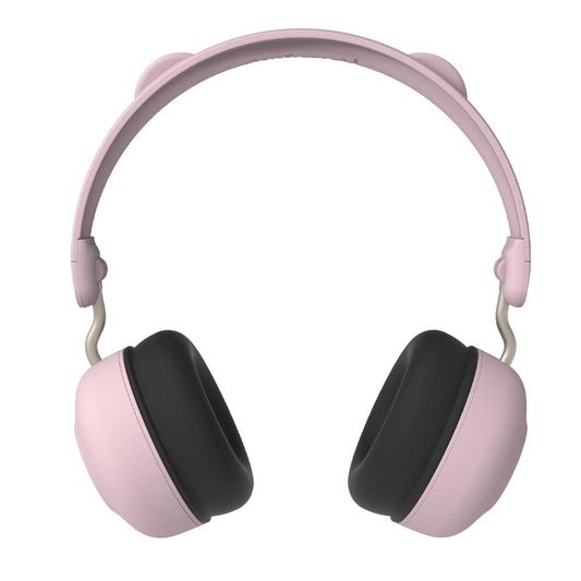 Kids Bluetooth headphones in dusty rose with black ear cushions, cushioned headband