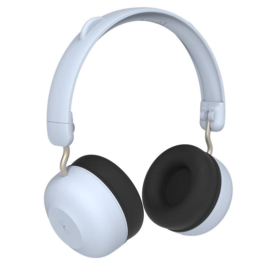 Kids over-ear Bluetooth headphones with light blue headband and black cushions.