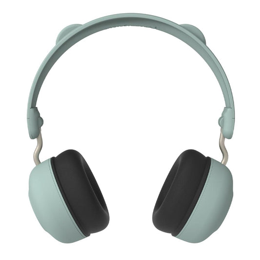 Dusty green kids Bluetooth headphones with black ear cushions, adjustable headband