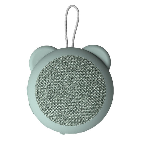 Dusty green kids Bluetooth speaker with fabric grille and bear-ear design