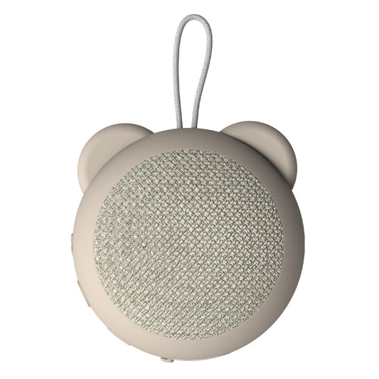 Kids Bluetooth speaker with bear-ear design, ivory shell, fabric round grille, loop handle.