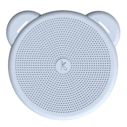 Light blue round kids wireless Qi charger with dotted top and center icon