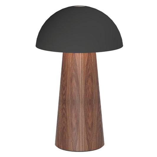 Portable rechargeable lamp with black dome shade and wood grain base
