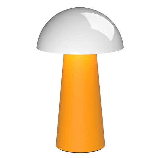 Portable rechargeable table lamp with white dome shade and mango orange body