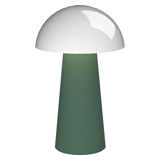Portable table lamp with white dome shade and dark green base