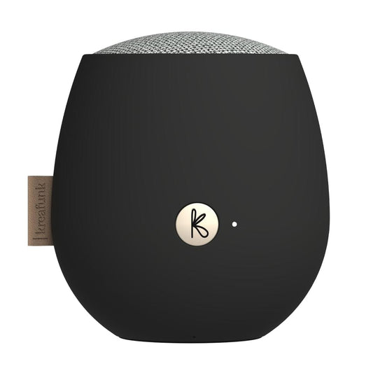 Black Kreafunk Bluetooth speaker with fabric grille top and circular control logo