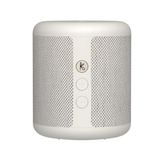 Soft white Bluetooth speaker with fabric mesh sides and control buttons on front