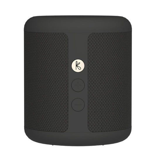 Black cylindrical Bluetooth speaker with textured mesh sides and button controls