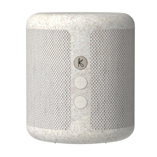 Wheat fabric Bluetooth speaker cylinder with circular control buttons on front
