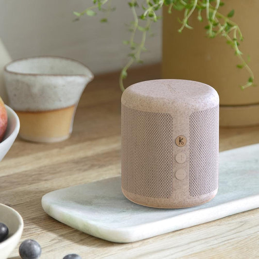 Wheat fabric Bluetooth speaker cylinder with side speaker grille and control buttons
