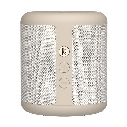 Ivory Bluetooth speaker front view, fabric mesh panels with plus and minus buttons
