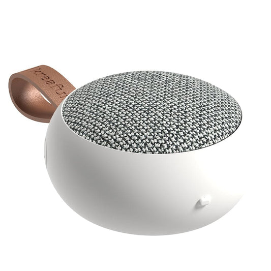 White fabric Bluetooth speaker with gray woven top and brown leather carry strap