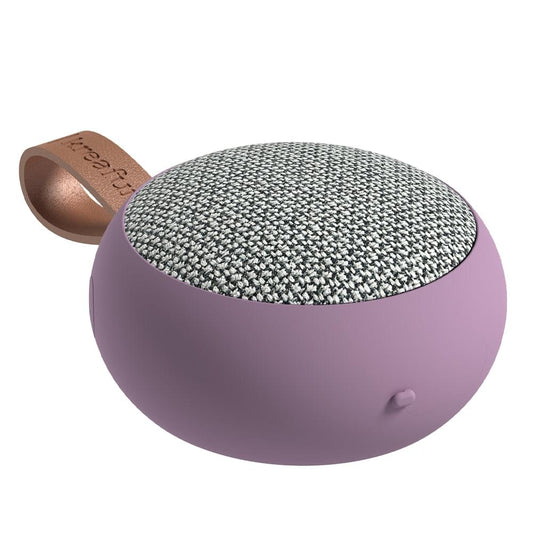 Fabric Bluetooth speaker with lilac body and gray textured top, with leather strap loop.