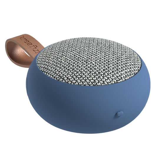 Blue fabric Bluetooth speaker with gray speaker grille and brown leather strap