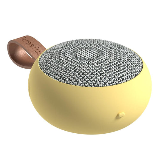 Soft yellow portable Bluetooth speaker with gray fabric top and brown carrying strap