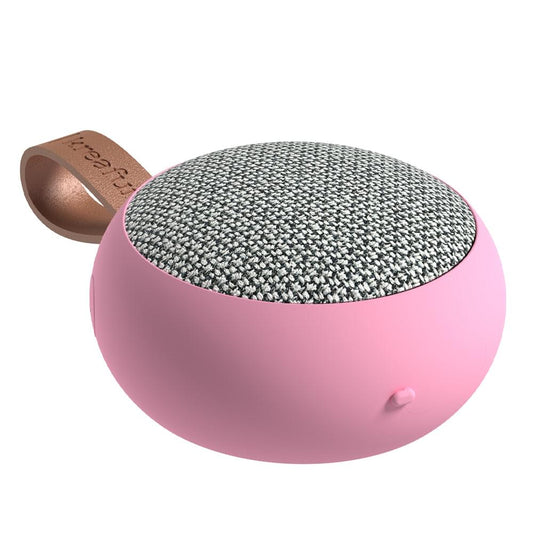 Fresh pink fabric Bluetooth speaker with gray woven grille and side control nub