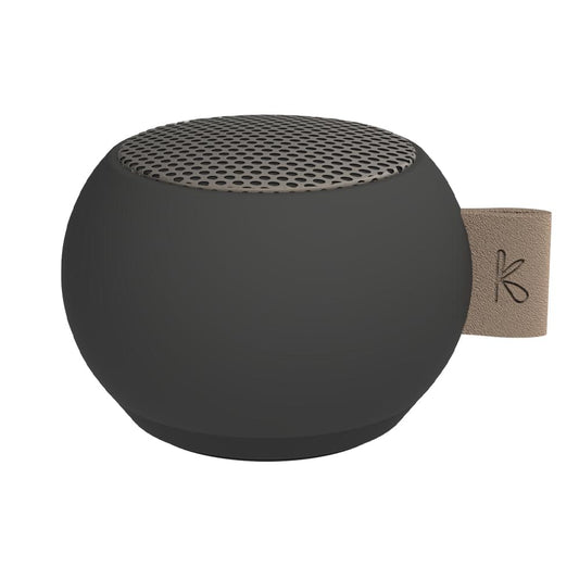 Black mini Bluetooth speaker with top metal grille and leather carry strap