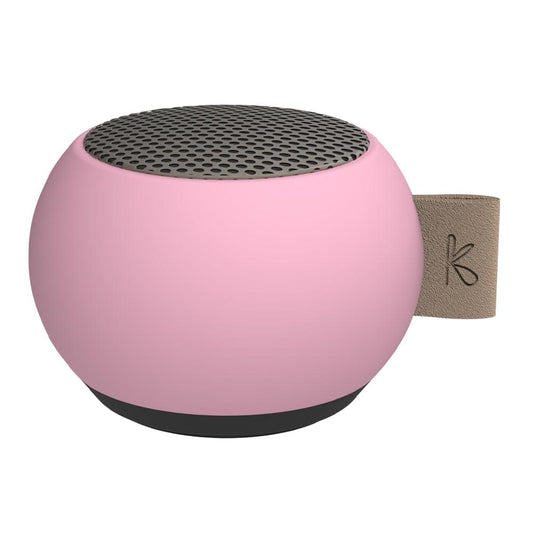 Pink round mini Bluetooth speaker with top grille and side beige loop
