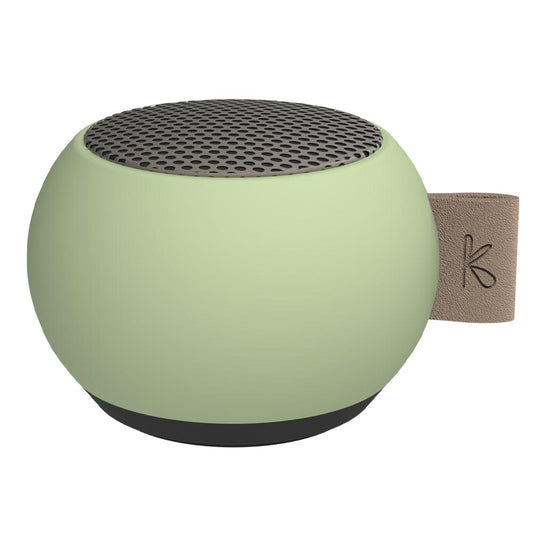 Dusty green mini Bluetooth speaker with top mesh grille and leather strap on side