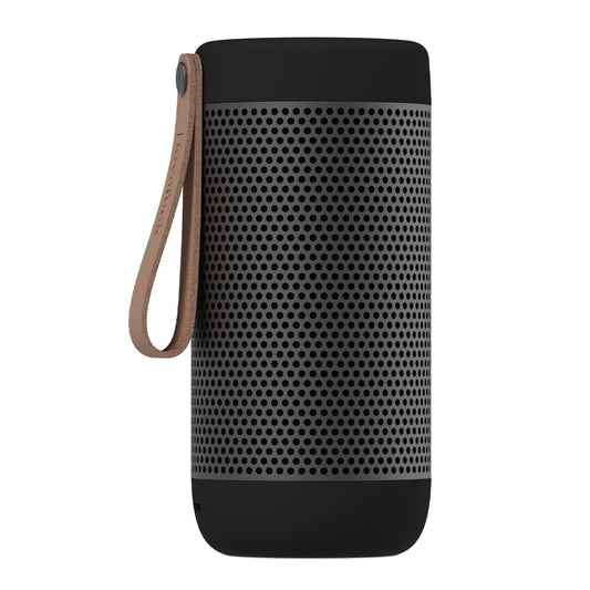 Kreafunk acoustic Bluetooth speaker, black perforated speaker body with leather wrist strap