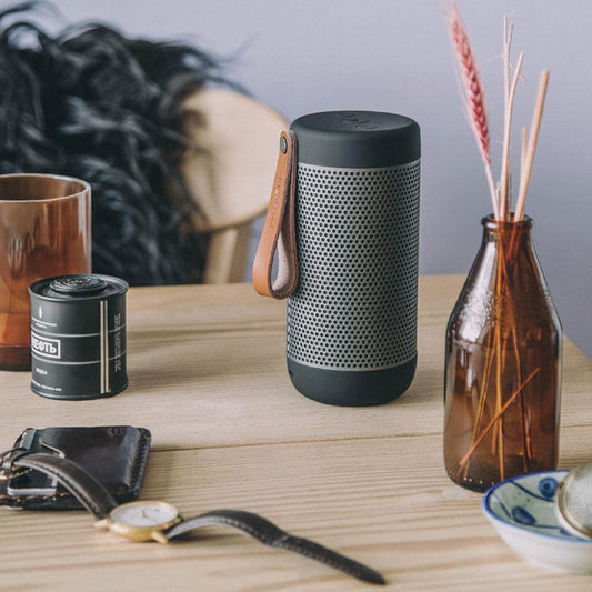Kreafunk acoustic Bluetooth speaker, black cylinder with leather handle and speaker mesh