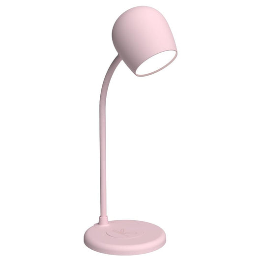 Dusty rose desk lamp with wide shade, rounded base with built-in Qi charging