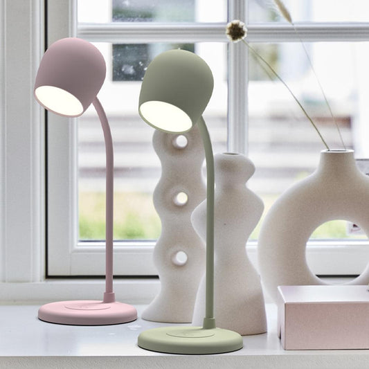 Desk lamps set: dusty rose and sage green with curved stems and glow shades