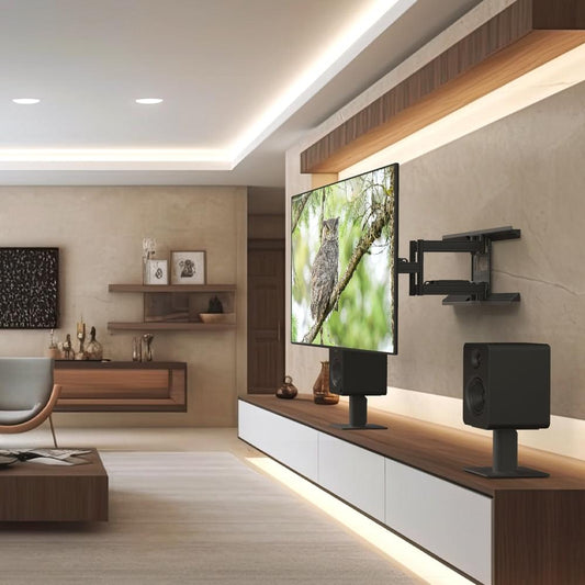 Black full-motion TV wall mount holding a flat-screen TV on the wall