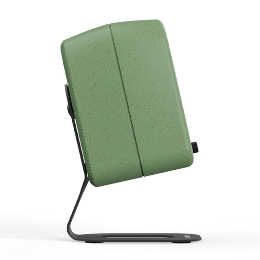 Kanto SU2 rear-mounted desktop stand, green back panel, curved base, side view