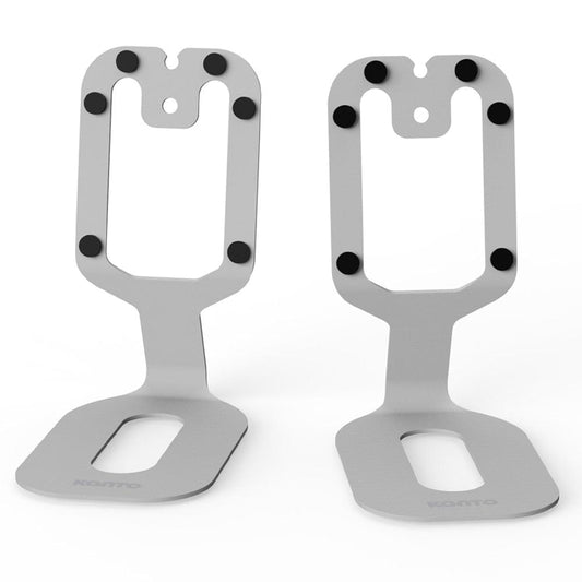 Pair of white rear-mounted desktop stands with U-shaped mounting plate