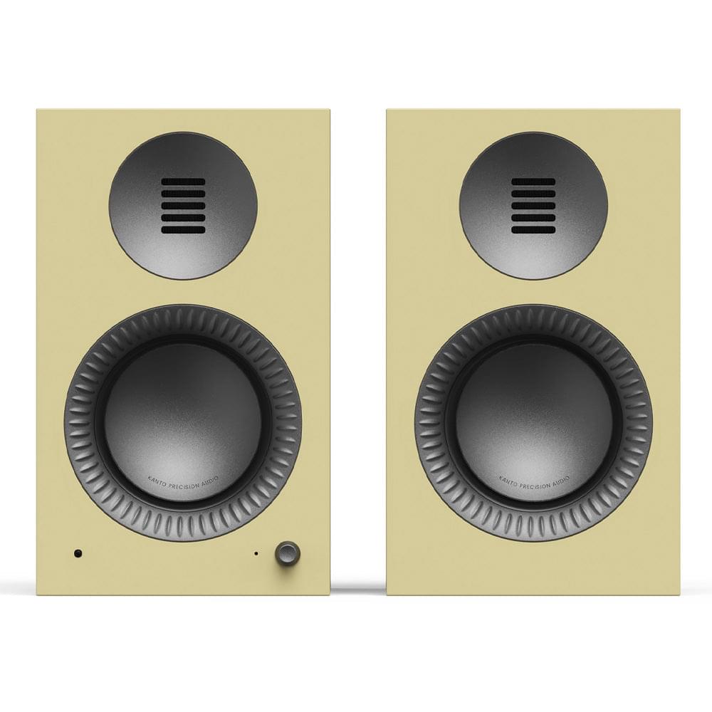 Gloss butter powered speakers with black woofers and gunmetal tweeter grilles