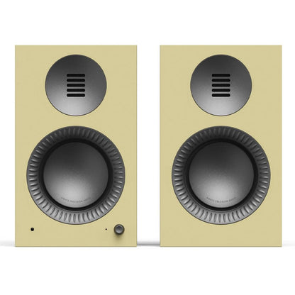 Gloss butter powered speakers with black woofers and gunmetal tweeter grilles