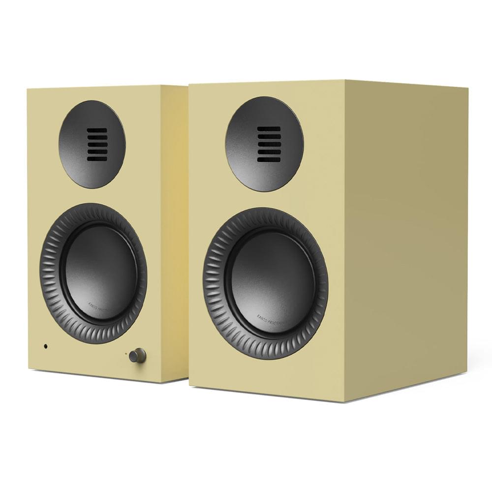 Gloss butter powered speaker pair with black woofer and gunmetal tweeter grille