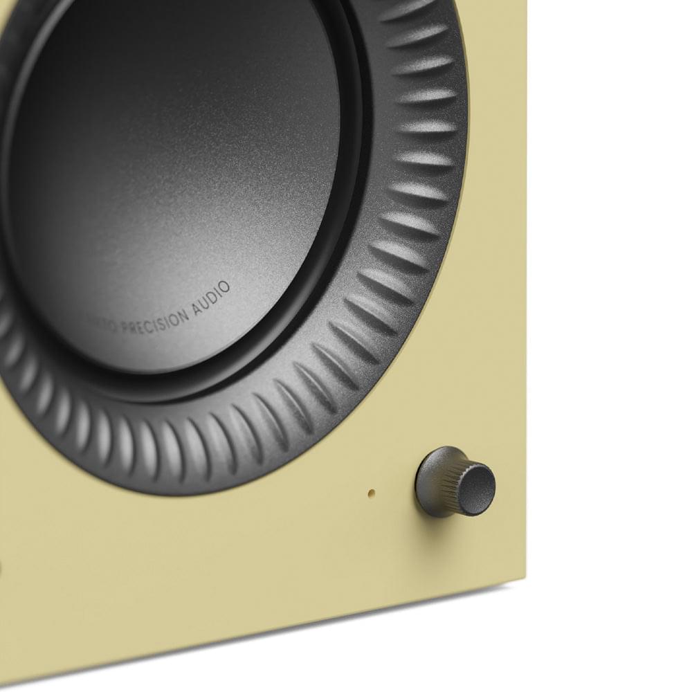 Butter powered speaker cabinet with black woofer, gray surround, small side knob