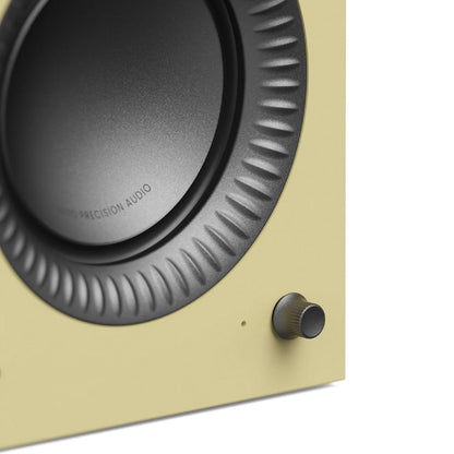 Butter powered speaker cabinet with black woofer, gray surround, small side knob