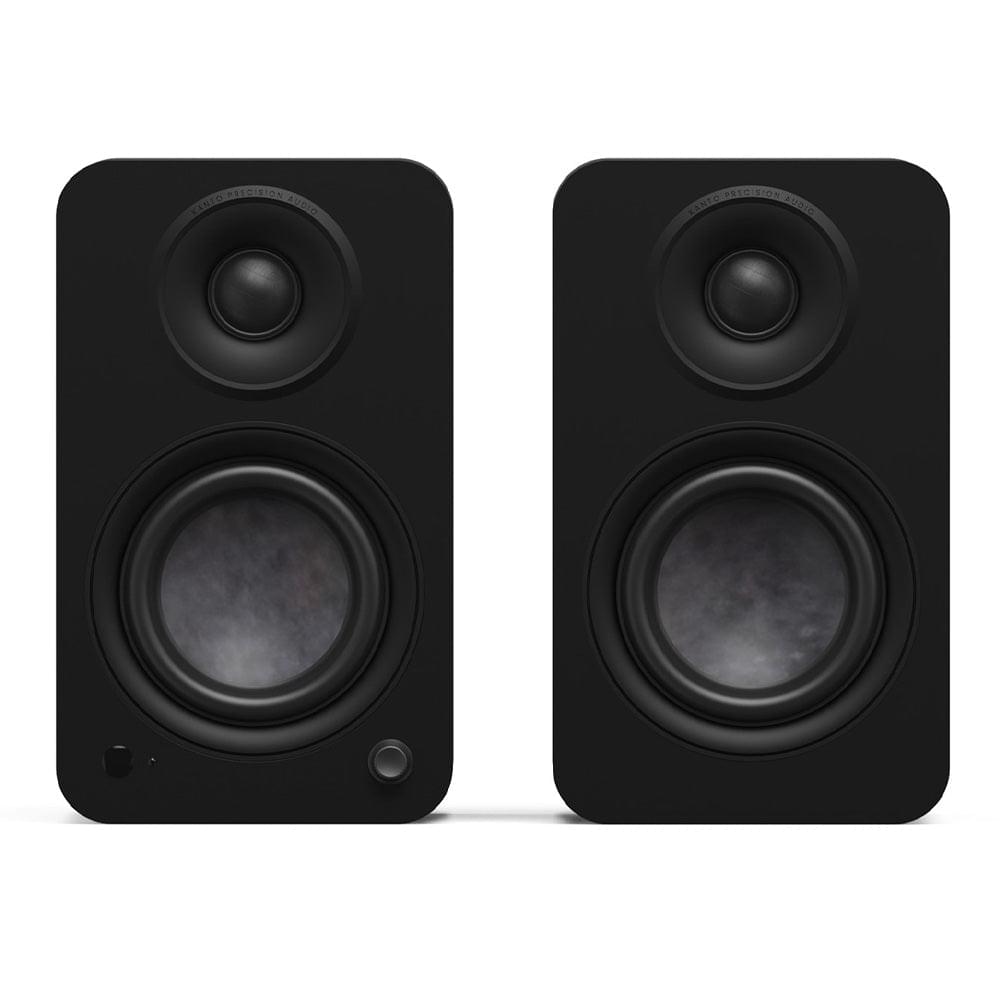 Matte black powered bookshelf speakers with dual drivers and front knobs