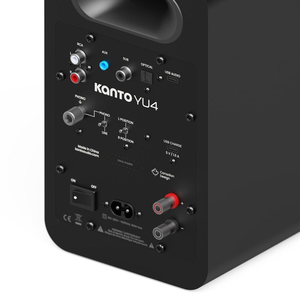 Kanto YU4 matte black powered speaker rear panel with RCA, AUX and optical inputs