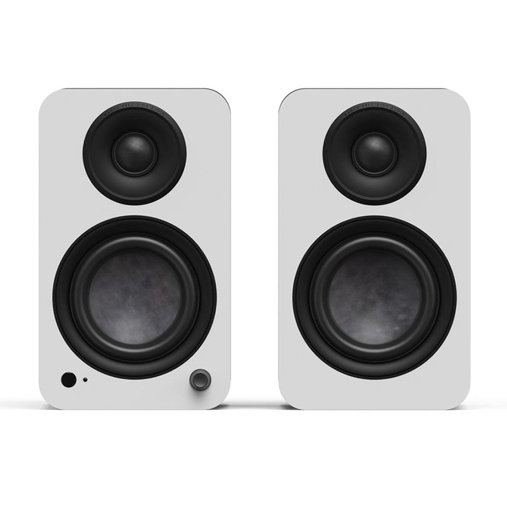Matte white powered bookshelf speakers, front view with two black woofers and tweeters.