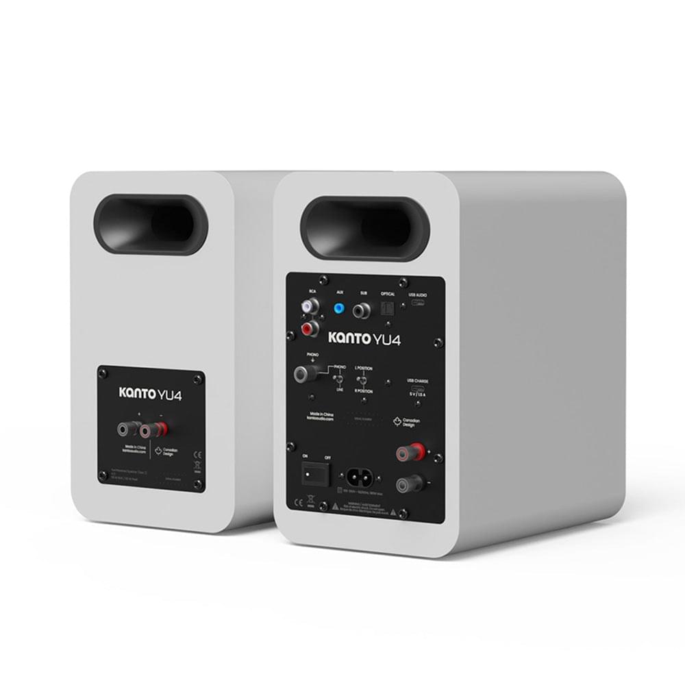 Matte white powered bookshelf speakers, rear panel ports and connection panel visible.