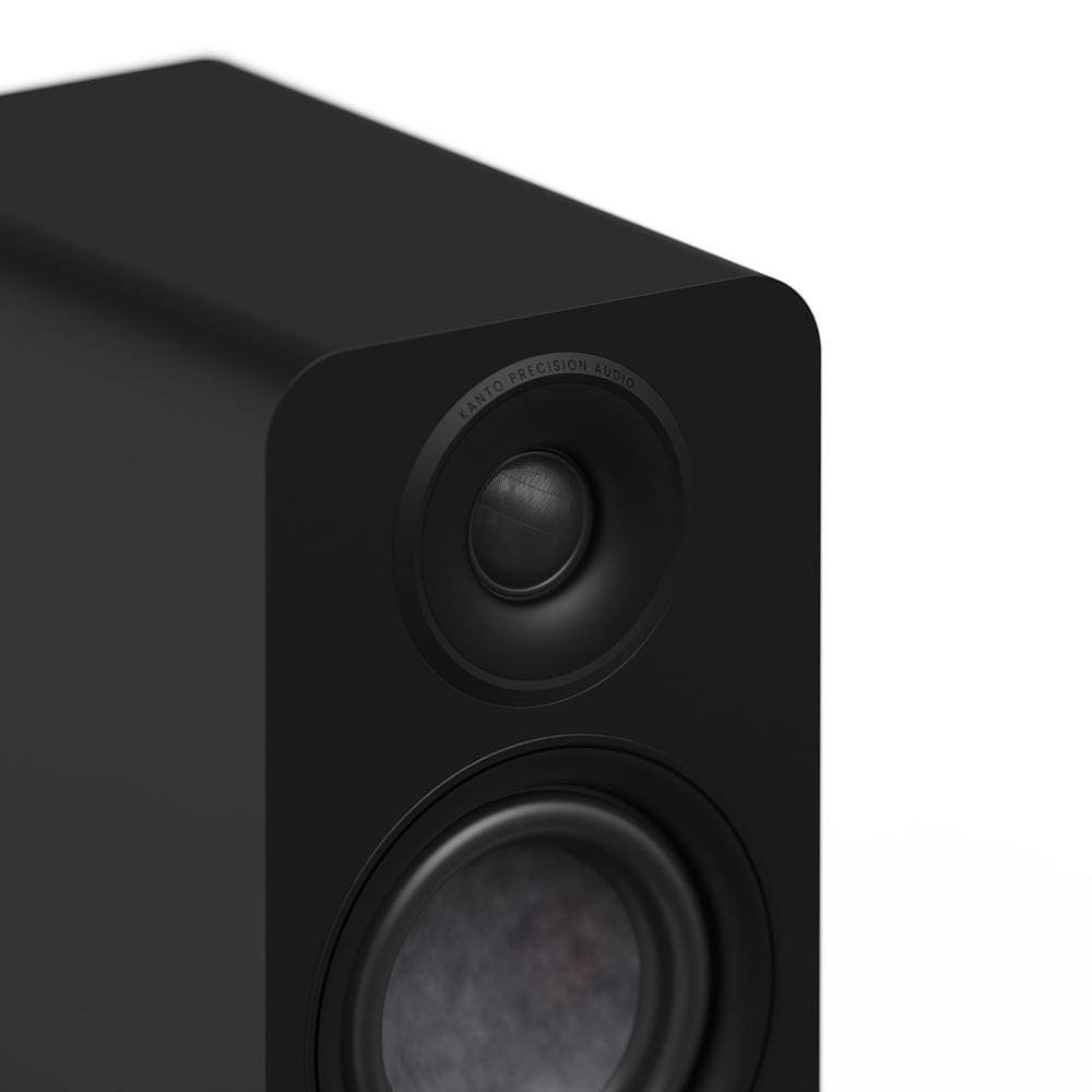Matte black speaker front close-up showing silk dome tweeter and woofer cone